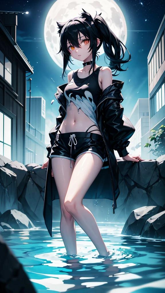 ​masterpiece, background with (Fantastic Great Storm, lightning bolt, lightning, plural, very heavy rain), Depth (Planets that glow blue). (((1girl, solo, alone))), large-breast:1.2 slim body, cleavage:1.1, sexy miniskirt, (((headphone, black sunglasses, standing and holding pistol pose))), (((half-body thigh level medium shot))), cinematic lighting, lens flare, ray tracing.