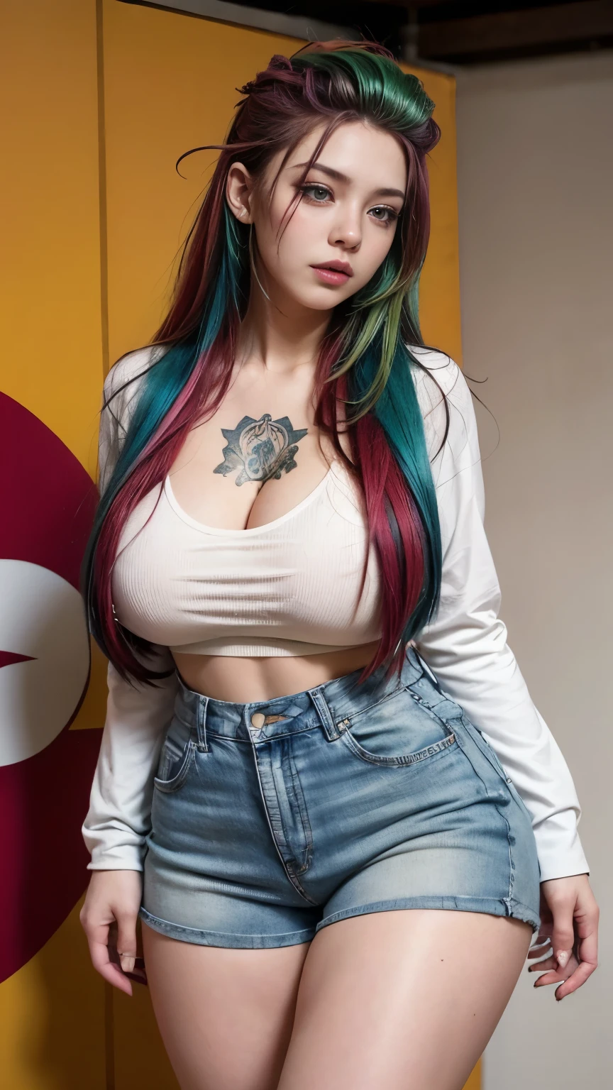  a sexy woman with big breasts,  athletic body ,  thick thighs , usando shorts jeans, a long sleeve shirt , leggings, tennis,  tattooed body , green mohawk hair,  blue and red hair green and blue and yellow and pink and red 