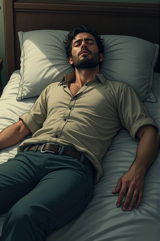 Ruggedly handsome older man DILF, with black hair, wearing boxers. Dominant, Confident, bdsm, solo, laid in bed in bedroom