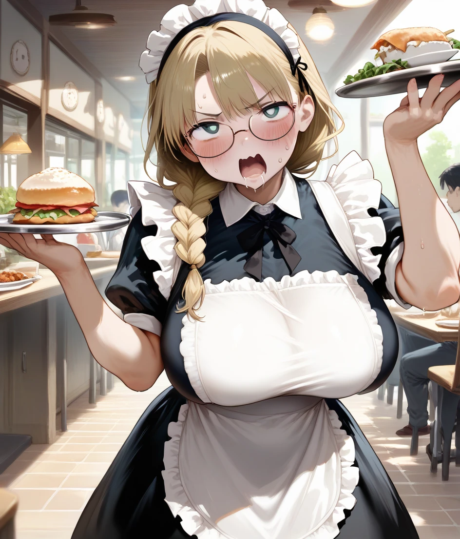 score_9, score_8_up, score_7_up,((A Japanese girl with long green braided hair)), droopy eyes, wearing glasses, wearing a classic maid outfit, not much exposure, standing, full body, (troubled expression, open mouth, blushing cheeks, sweat dripping), big breasts, She is holding a tray with food in her hands, cafeteria in the background, full body shot from the front, looking directly into the camera,