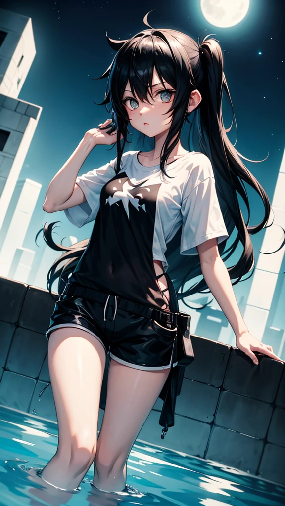 (Masterpiece, Masterpiece), anime girl with black twintails, detailed face, detailed eyes, red tight tshirt, short plaided black shirt, rin tosaka from fate stay night, rin tosaka, sexy, accurate, standing cutely
