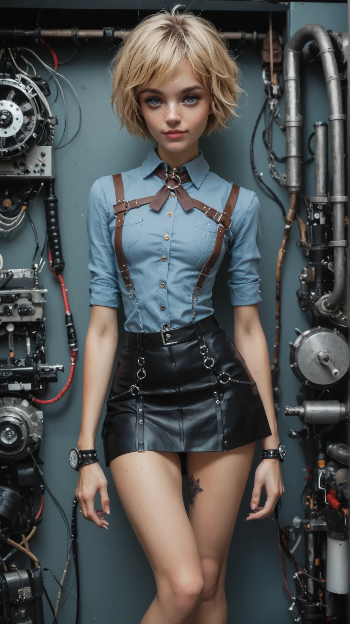 Please create an image of a young noodist woman with charming freckles, dressed in a revealing outfit with short blonde hair in a punk style and mesmerizing gray-blue eyes. Her slender body with rounded hips and expressive nippeles hints at sensuality. Tiny pantties, a leather collar, and a tattoo on her right butttocks,prinkle nippeles, complete the look. Black garters,SD3.5, masterpiece.ultra detailing face and eyes.1 девочка, Соло, Высокое разрешение, Шедевр, Реалистичная анатомия, Отмеченный наградами, Лучшее качество, Детально, HD-модель, Очень детально, Сверхвысокая чёткость, 