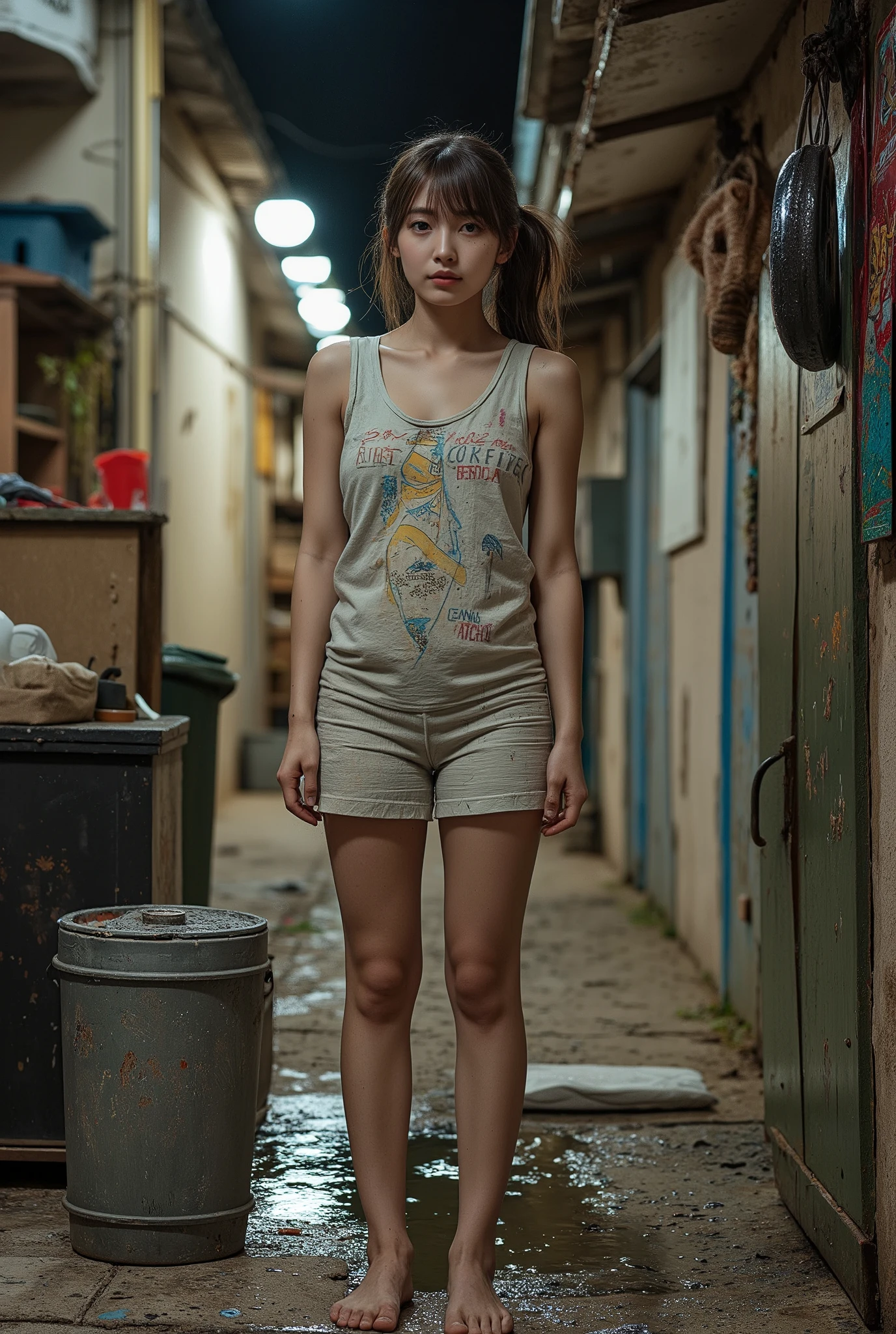 NSFW,
realistic, Press photo, Documentary Technique,
hasselblad, 85mm f1.4 zeiss lens, HDR,
(full body visible:1.5),
In this photo she is seen from head to toe,
the ground she is standing on is wet,
facing the camera, looking at the camera,
young korean girl,
pony tail, bangs,
Her face resembles "Arin" from "OH MY GIRL",
arin is Cheap hookers in the slums, poor whore, slutty whore, (very young whore:1.3),
arin is ultimate_beautiful_girl,
she is lowteen,
big round brown eyes,
she has very white skin,
she has dark brown hair,
her legs is little fat,
she height is 153cm,
The minidress she is wearing seems to be an idol's stage costume but it is worn out and very dirty,
her clothes are thin,
Her clothes are old and very dirty,
She is not wearing underwear,
she is not wearing panties,
she is very dirty,
She has a toilet tattoo on her chest,
She is in the early stages of pregnancy,
and her belly isn't even visible yet,
She is a slum dweller and is very dirty,
she looks unhealthy,
she prostitutes herself in the slums,
her customers are beggars,
she has many wart,
she has many scars,
Her clothes have a lot of stains,
some of stains are black some yellow some red,
Her clothes are torn in places,
The slums are dark at night,
only the brothel's red lantern glows dimly,
She beckons the men with a blank look on her face,
A room in a cheap apartment in a slum,
extremely small,
windowless,
messy room,
a mattress lying around,
the room full of garbage,
trush, garbage, sluminterior, porn, nude, cum, cum drip, full body, cumrag, cumrag clothes, cumrag object,