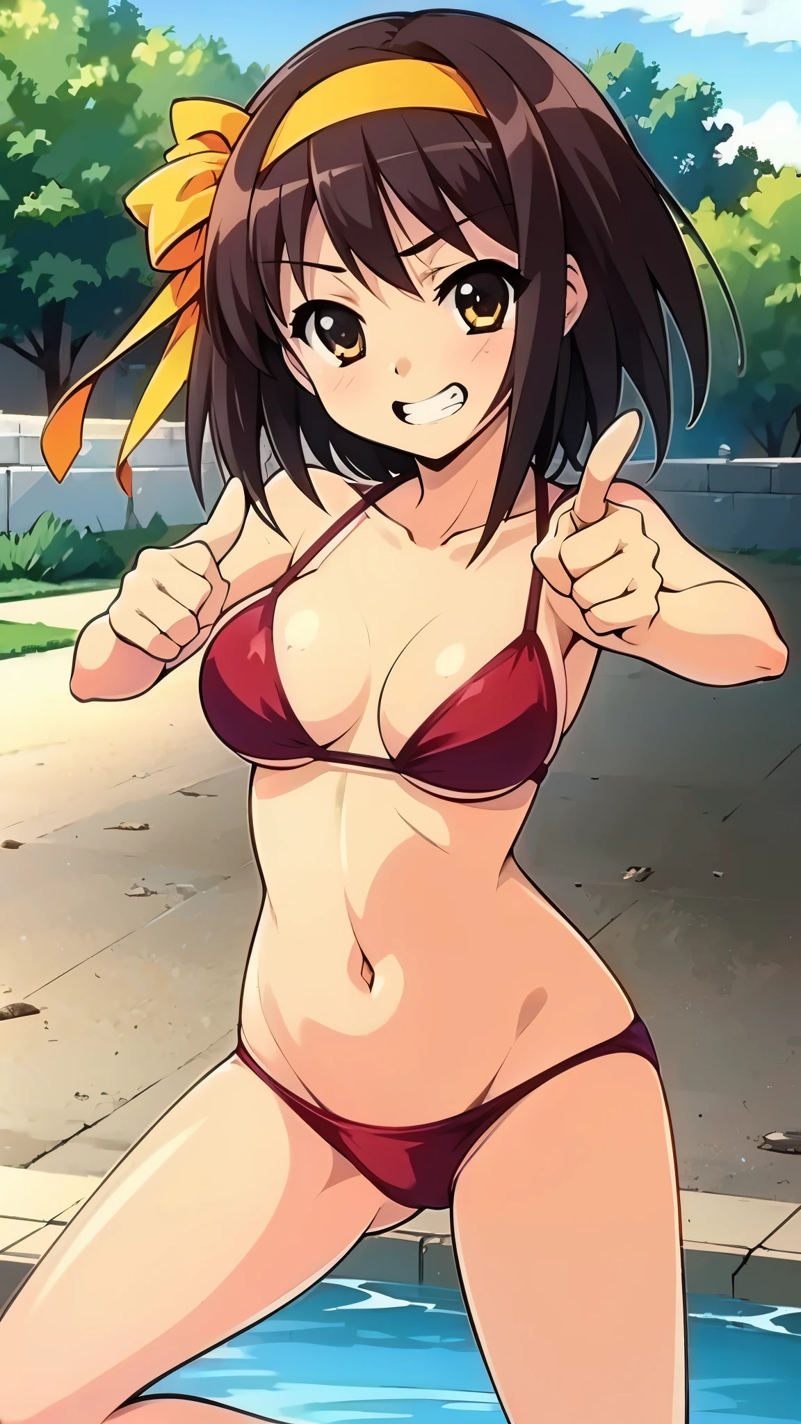outdoor, 1 female poolside, focus face, wearing red bikini, barefoot, break, standing, thumbs up, grin, one eye close, anime style, 8k, masterpiece, ultra high res, yellow headband,