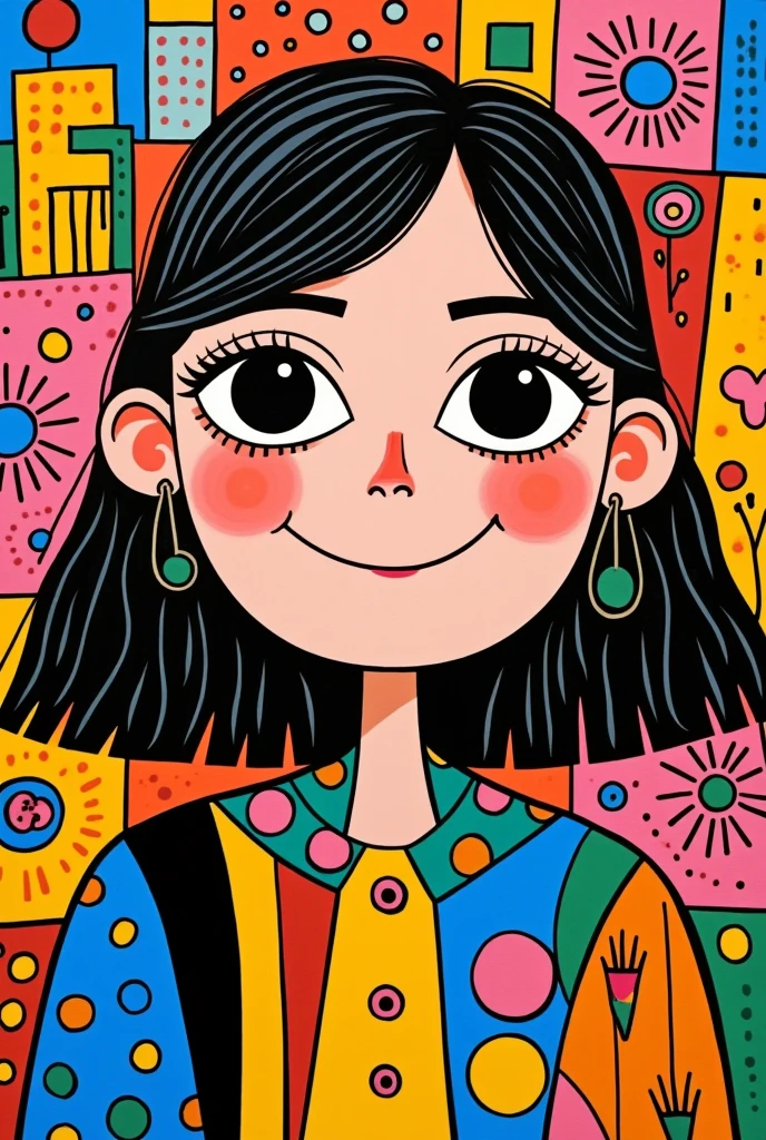 Romero Britto style painting, cubism, cute girl portrair, high definition, perfect details, sharp lines 