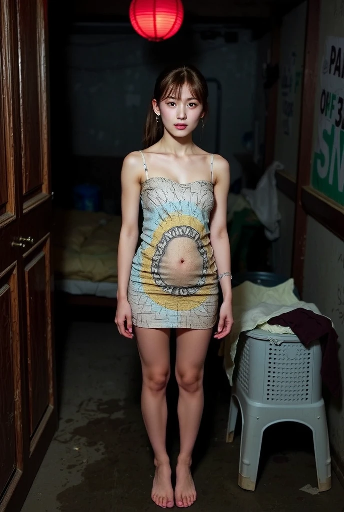 NSFW,
realistic, Press photo, Documentary Technique,
hasselblad, 85mm f1.4 zeiss lens, HDR,
(full body visible:1.5), 
In this photo she is seen from head to toe,
the ground she is standing on is wet,
facing the camera, looking at the camera,
young korean girl,
pony tail, bangs,
Her face resembles "Arin" from "OH MY GIRL",
arin is Cheap hookers in the slums, poor whore, slutty whore, (very young whore:1.3), 
arin is ultimate_beautiful_girl,
she is lowteen,
big round brown eyes, 
she has very white skin, 
she has dark brown hair, 
her legs is little fat, 
she height is 153cm,
The minidress she is wearing seems to be an idol's stage costume but it is worn out and very dirty,
her clothes are thin,
Her clothes are old and very dirty,
She is not wearing underwear, 
she is not wearing panties,
she is very dirty,
She has a toilet tattoo on her chest,
She is in the early stages of pregnancy,
and her belly isn't even visible yet,


She is a slum dweller and is very dirty,
she looks unhealthy,
she prostitutes herself in the slums,
her customers are beggars,
she has many wart,
she has many scars,
Her clothes have a lot of stains,
some of stains are black some yellow some red,
Her clothes are torn in places,

The slums are dark at night, 
only the brothel's red lantern glows dimly,
She beckons the men with a blank look on her face,
A room in a cheap apartment in a slum, 
extremely small, 
windowless, 
messy room,
a mattress lying around, 
the room full of garbage,
trush, garbage, sluminterior, porn, nude, cum, cum drip,  full body, cumrag, cumrag clothes, cumrag object, 