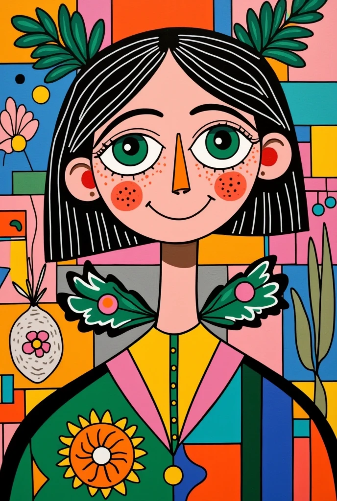 Romero Britto style painting, cubism, cute girl portrair, high definition, perfect details, sharp lines 