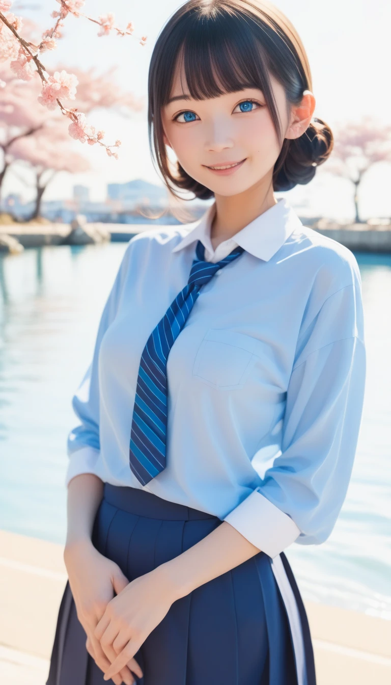 Japan   girl, *******   girl,     perfect figure at the Capitol, transparency,   modest breasts  ,    school uniform  ,   navy blue tie  ,     navy blue skirt ,   light blue shirt,   gravure idol,  waterfront