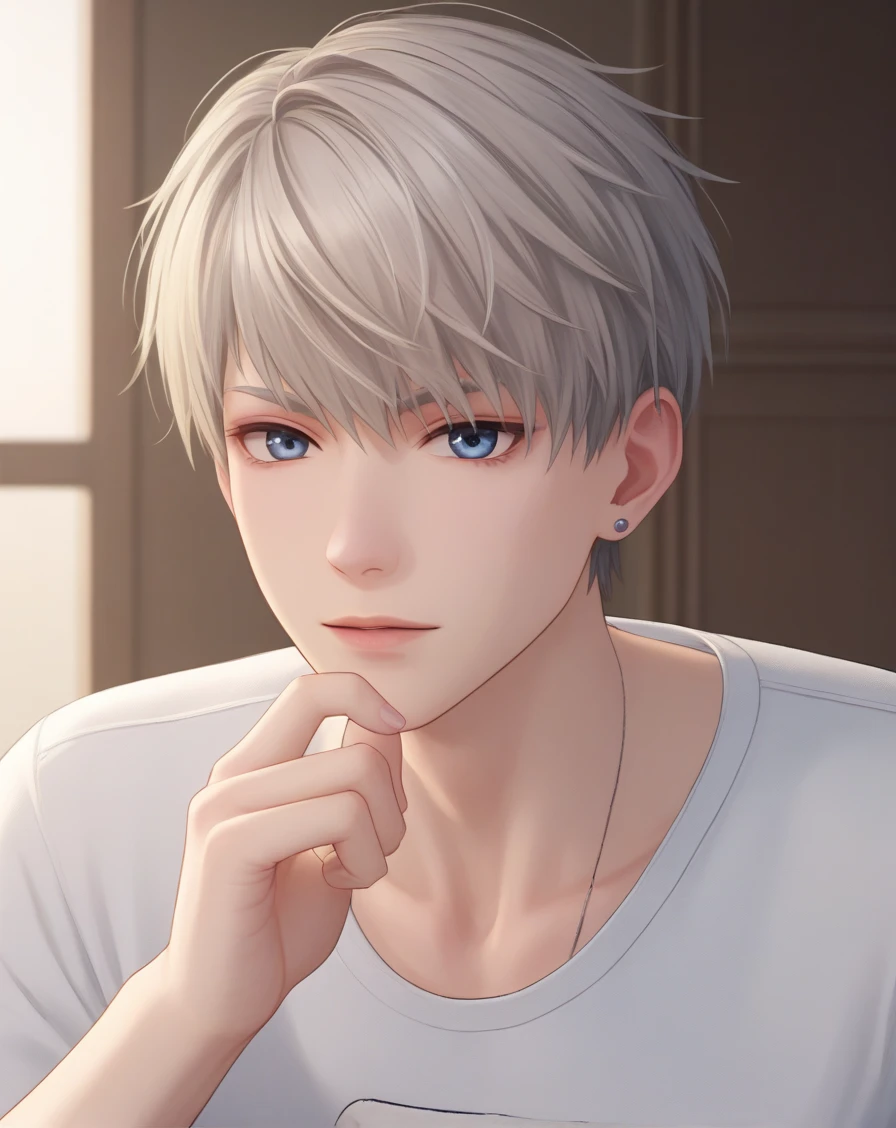  1 man, young man, 20-year-old man, single, short haircut, gray hair, blue eyes, accent on the eyes, long white eyelashes, silver piercing in the ears, pale skin, sexy man, man with a bare torso, atmosphere against the background of the house, facing the viewer, cinematic lighting is a real masterpiece. highest quality, dynamic posture