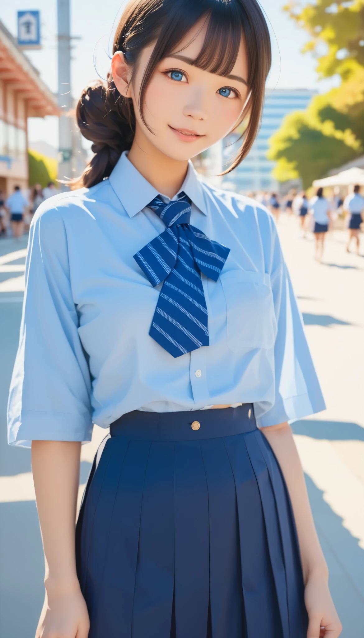 Japan   girl, *******   girl,     perfect figure at the Capitol, transparency,   modest breasts  ,    school uniform  ,   navy blue tie  ,     navy blue skirt ,   light blue shirt,   gravure idol,  waterfront