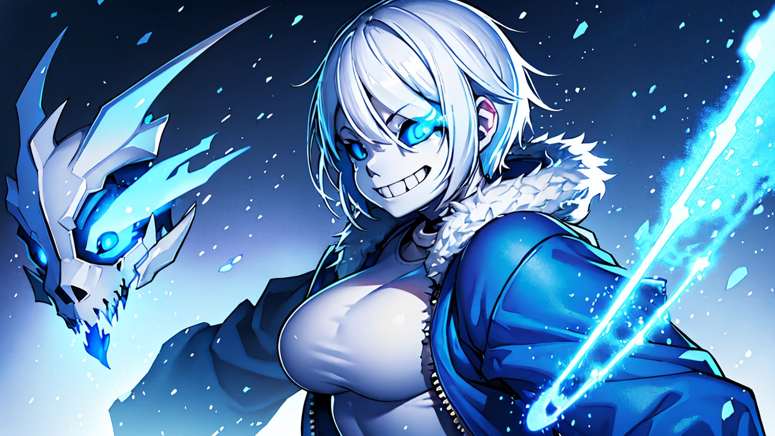 Sans blue jacket black shirt fire eyes skull smile long eyelashes white short hair glowing face blue keel cannon one standing in the snow town Femininefull big breast breast enlargement full-body shot