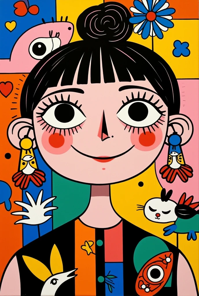 Romero Britto style painting, cubism, cute girl portrair, high definition, perfect details, sharp lines 