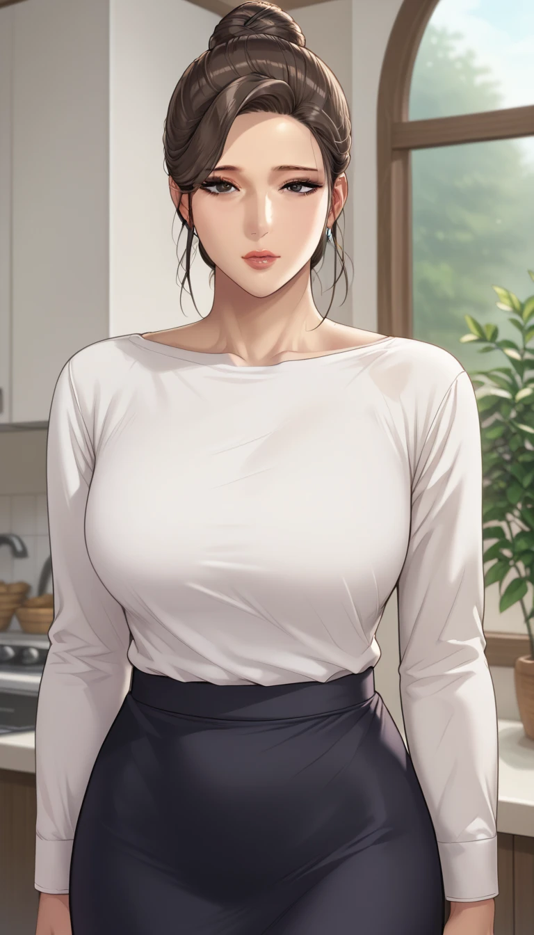 (masterpiece, best_quality:1.2), 1girl, solo, mature female, Sun Young Jang (Ami) - Queen Bee, brown hair, hair bun, (housewife:1.5, casual clothes, skirt, long sleeves), beautiful eyes, female focus, large breast, wide hips, looking at viewer, ((close up shot)) ((solo)) detailed, very high resolution, no blurry image, (cowboy shot), standing, beautiful, serene expression, intricate details, detailed background, indoors