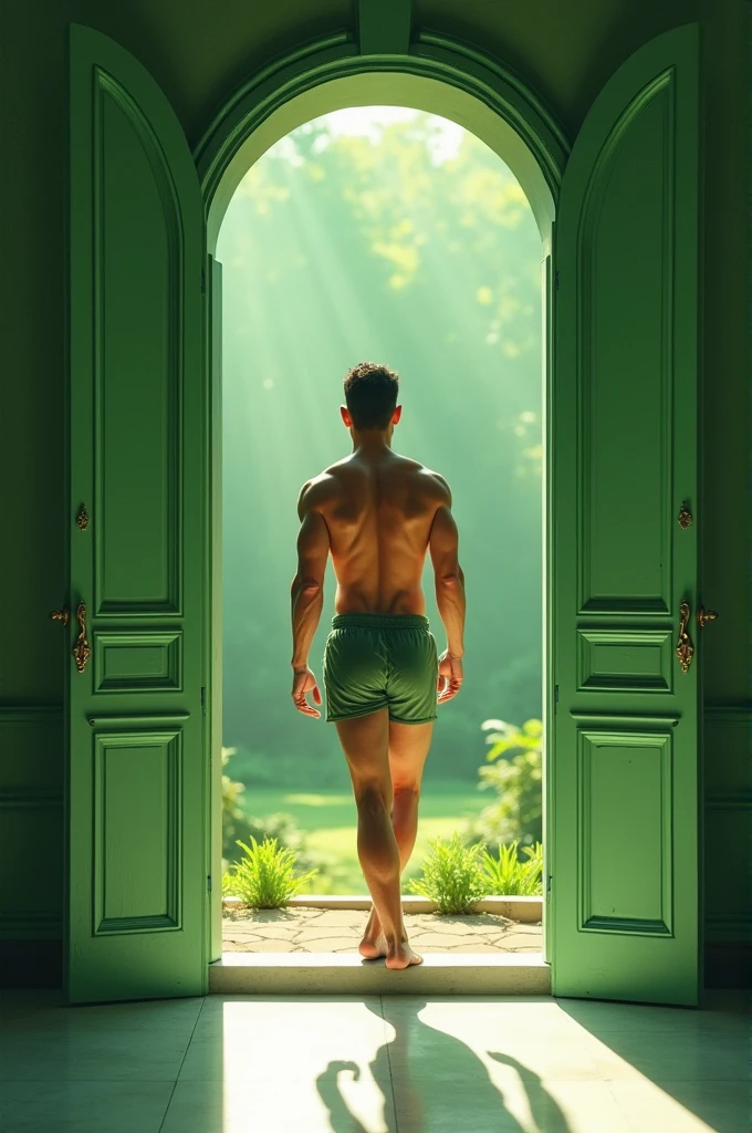 Homem branco jovem, bonito sem blusa, um pouco molhado apenas toalha na cintura. em frente a uma porta, em um apartamento.