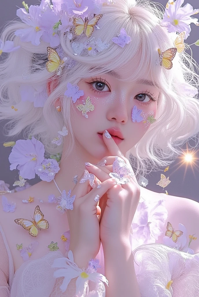  Pearl and Flower Plants ， Soft Black ， Butterflies Flying Over Her Face ，Full body photography，close up， Soft Edges ，Soft Glow ， Light Pink and Light Purple Palette ， white hair ，Digital printing，Kawaii Aesthetics ， Glitch Art Collage Style ， Fantasy Inspired by James Gene's'M End Failure' Style，Ethereal，crayon，A sense of haze，Atmosphere