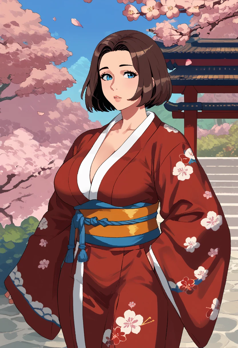 score_9, score_8_up, score_7_up, source_anime, 1woman, mature, human female, human, detailed face, jawline, smooth skin, beige skin, beautiful eyes, blue eyes, brunette, big breasts, bob cut hair, long sleeves, orange obi, orange trim, print kimono, red yukata, white trim, wide sleeves, yukata, japanese architecture, cherry blossoms,