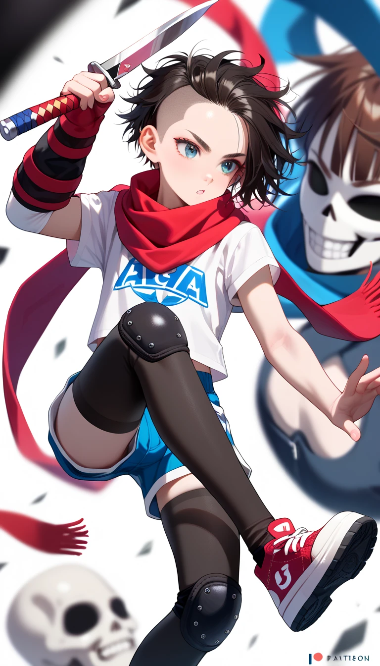 masterpiece, highest_quality, ultra_detailed, depth_of_field, 1boy_focus, boy is (japanese_femboy, (black_hair, messy_hair, crew_cut, forehead_bangs, black_slant_eyes, close_set_low_eyebrows, large_ears), flat_chest, (skeleton_mask:1.5, oversized_shirts, (wide_leg_shorts, leggings):1.5, leather_shoes, legace, knee_pad, scarf):1.5, fighting_pose), five_fingers, detailed_face, full_of_details, hold_cutlass, hold_dagger, dual_wielding