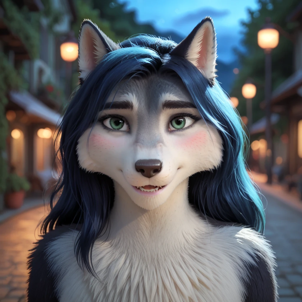 white fur, green eyes, chromatic aberration, two-tone fur, outdoors, blurry background, body fur, wolf ears, night, letterboxed, furry, black eyes, looking at viewer, happy, blushing, looking shy