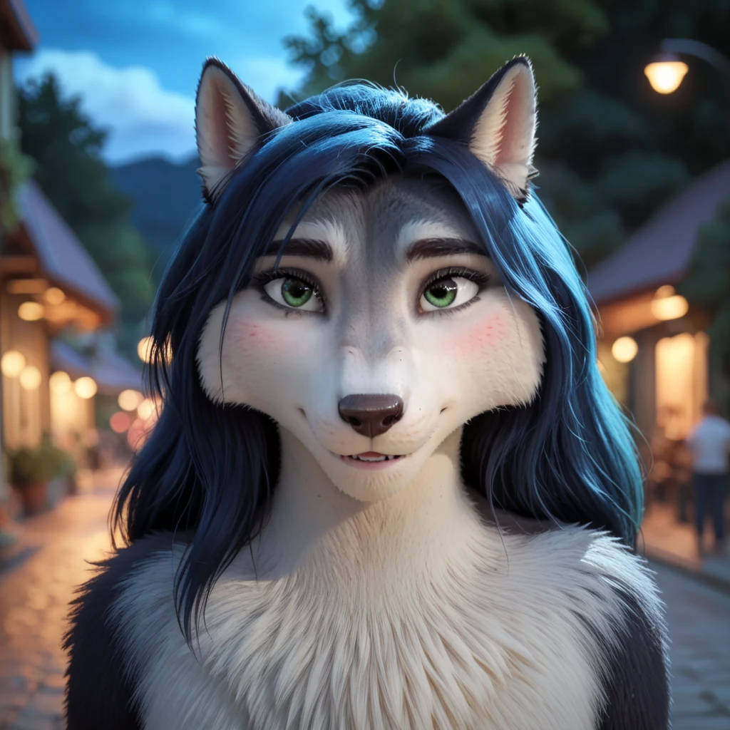 white fur, green eyes, chromatic aberration, two-tone fur, outdoors, blurry background, body fur, wolf ears, night, letterboxed, furry, black eyes, looking at viewer, happy, blushing, looking shy