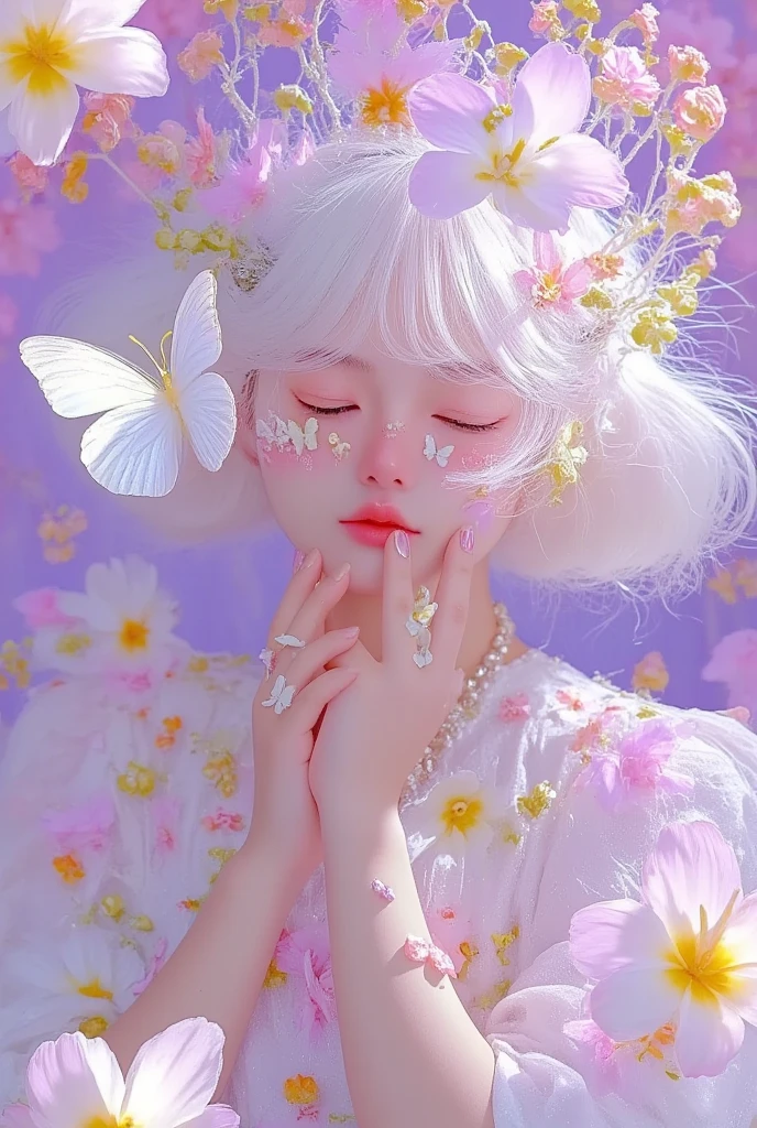  Pearl and Flower Plants ， Soft Black ， Butterflies Flying Over Her Face ，Full body photography，close up， Soft Edges ，Soft Glow ， Light Pink and Light Purple Palette ， white hair ，Digital printing，Kawaii Aesthetics ， Glitch Art Collage Style ， Fantasy Inspired by James Gene's'M End Failure' Style，Ethereal，crayon，A sense of haze，Atmosphere