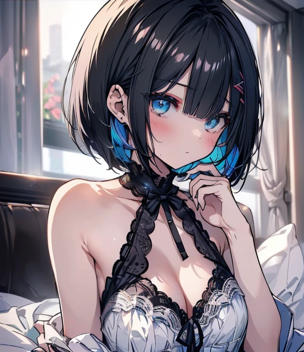 (best quality), (Super detailed), (Best Illustration), (masterpiece), (8k), full body, (1woman), (black bra:1.2), (lying on bed:1.2), (large breasts), {brown hair, (sideburns), (bob cut:1.3), curly hair, hairs between eyes, colored inner hair}, {(detailed eyes), twinkle(in the eyes), blue eyes}, blush, earring,