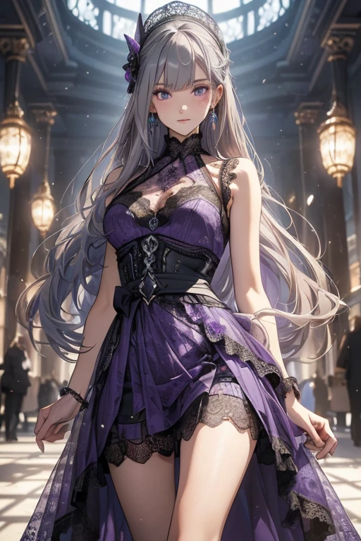 steampunk。eyes are light purple。He has silver hair and is British.。Girl。steampunkなドレス。背景はsteampunkな街。Game character。Anime Style。