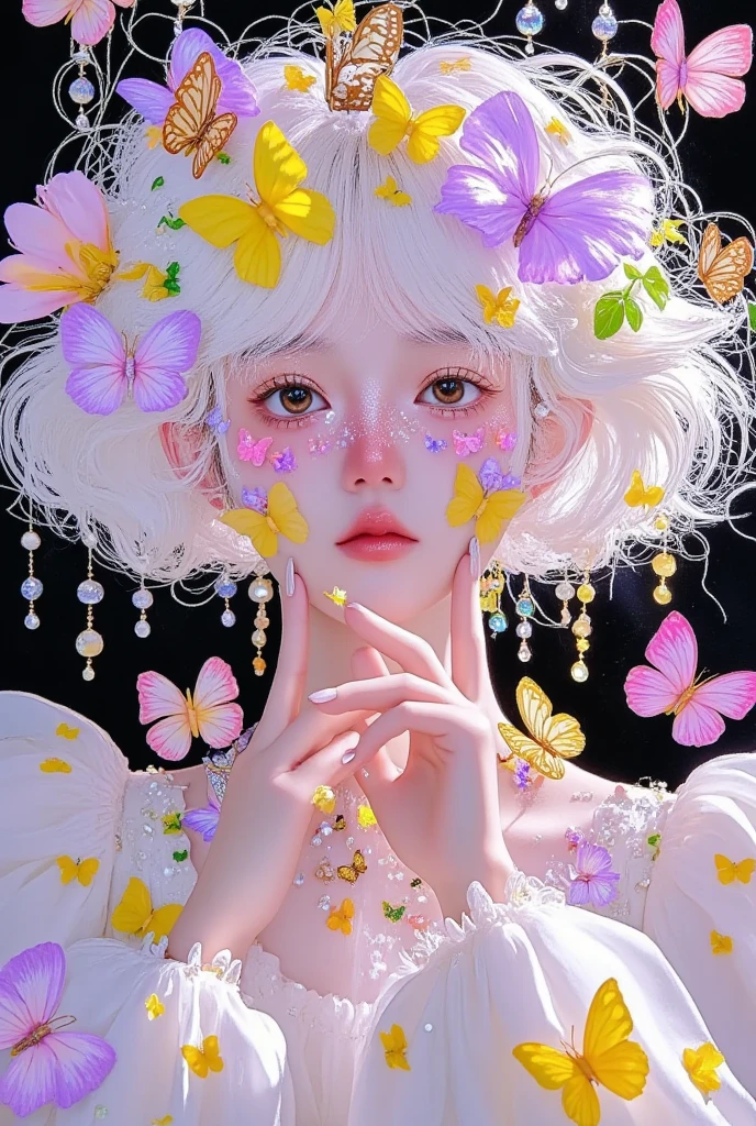  Pearl and Flower Plants ， Soft Black ， Butterflies Flying Over Her Face ，Full body photography，close up， Soft Edges ，Soft Glow ， Light Pink and Light Purple Palette ， white hair ，Digital printing，Kawaii Aesthetics ， Glitch Art Collage Style ， Fantasy Inspired by James Gene's'M End Failure' Style，Ethereal，crayon，A sense of haze，Atmosphere