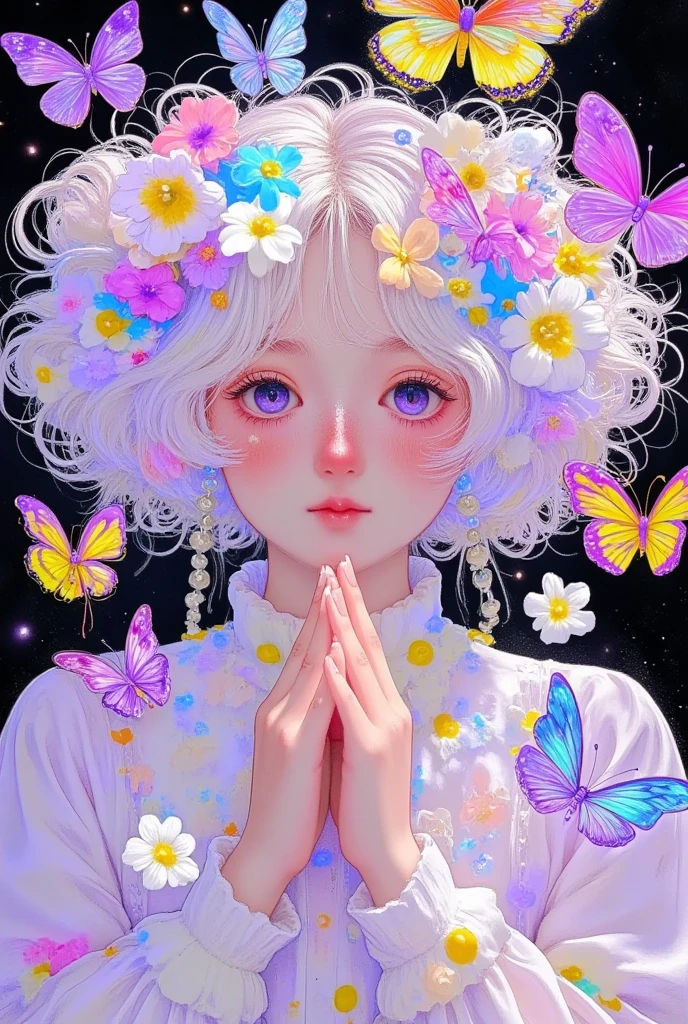  Pearl and Flower Plants ， Soft Black ， Butterflies Flying Over Her Face ，Full body photography，close up， Soft Edges ，Soft Glow ， Light Pink and Light Purple Palette ， white hair ，Digital printing，Kawaii Aesthetics ， Glitch Art Collage Style ， Fantasy Inspired by James Gene's'M End Failure' Style，Ethereal，crayon，A sense of haze，Atmosphere