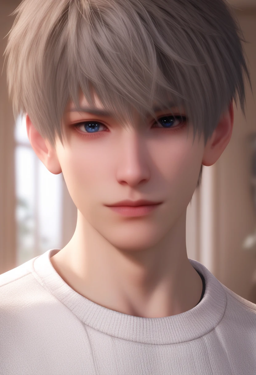 1 man, sweet facial expression, young man, 20 years old man, single, short haircut, gray hair, blue eyes, accent on the eyes, long white eyelashes, silver piercing in the ears, pale skin, embarrassed guy, red cheeks, cute guy, cute smile, smile at the corners of the lips, closed mouth, in a white sweater, the atmosphere against the background of the house is turned to the viewer, the cinematic lighting is a real masterpiece. highest quality, dynamic posture