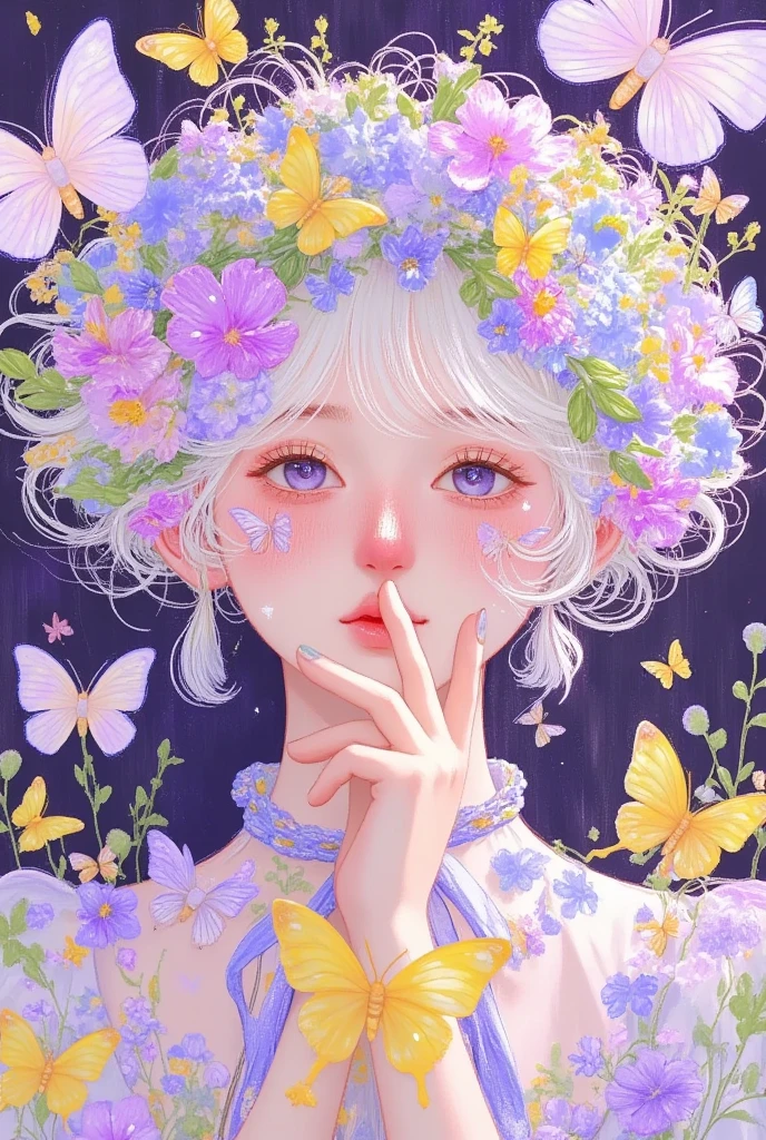  Pearl and Flower Plants ， Soft Black ， Butterflies Flying Over Her Face ， Soft Edges ，Soft Glow ， Light Pink and Light Purple Palette ，white hair kawaii aesthetics， Glitch Art Collage Style ， Fantasy Inspired by James Gene's'M End Failure' Style，Ethereal，crayon，A sense of haze，Atmosphere