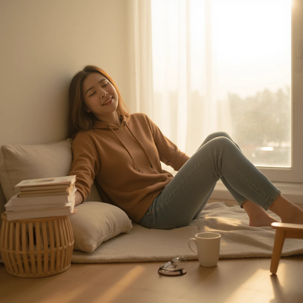 A woman in grey house dolphin shorts and a black hoodie while at home