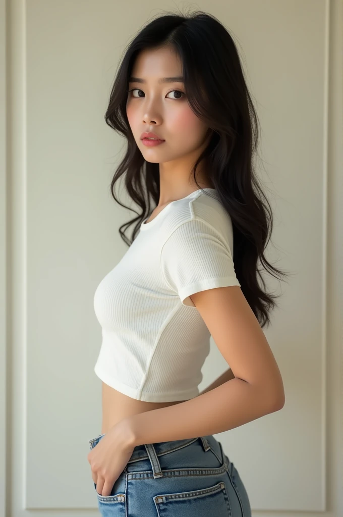a hot sexy cute chinese beautiful girl with sexy body in bra tshirt and short pants whole body
