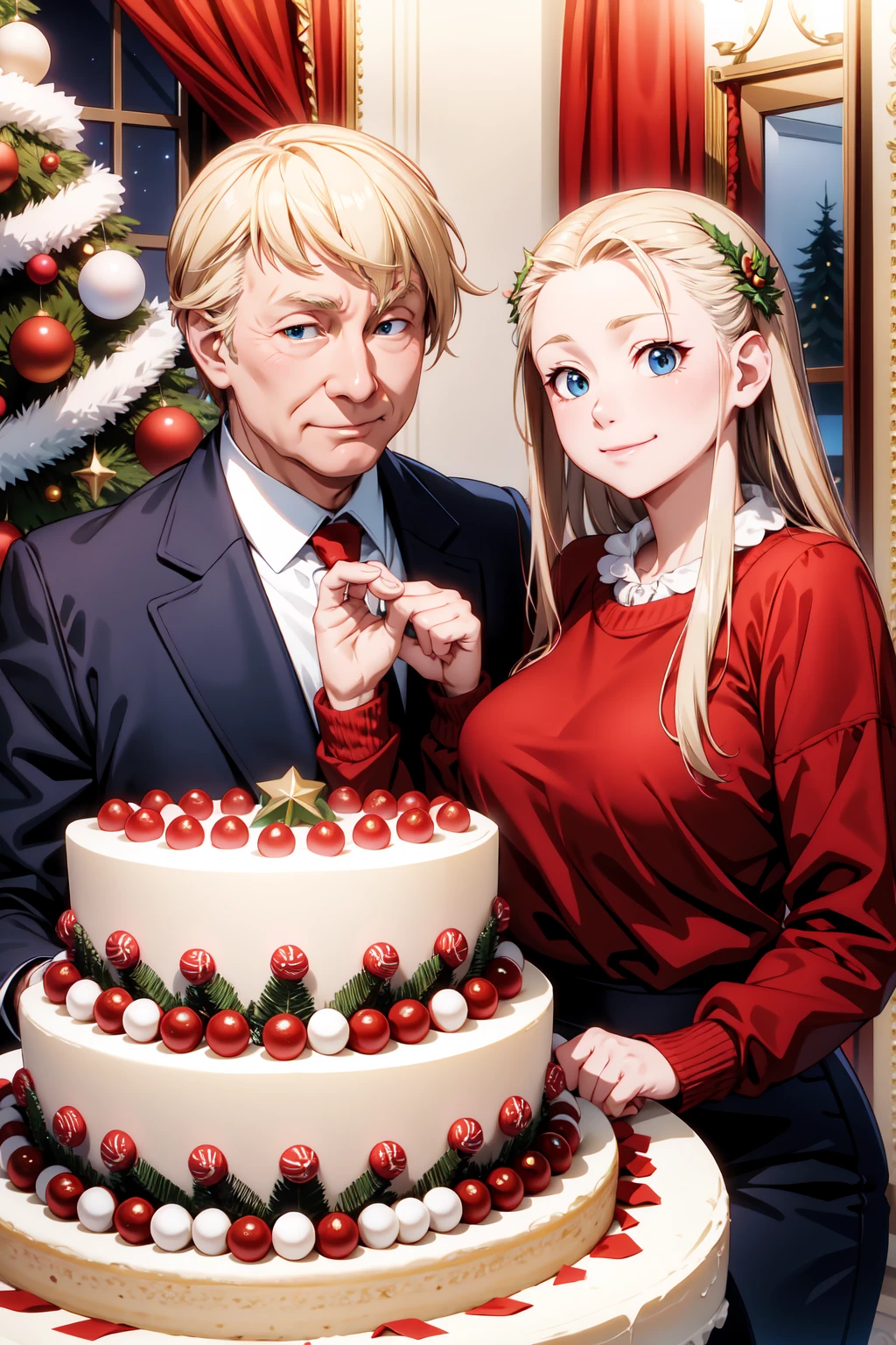 
Trump and Putin have a Christmas party 、 photorealistic、 cake、turkey、Wear a sweater、Good friends、 smiles