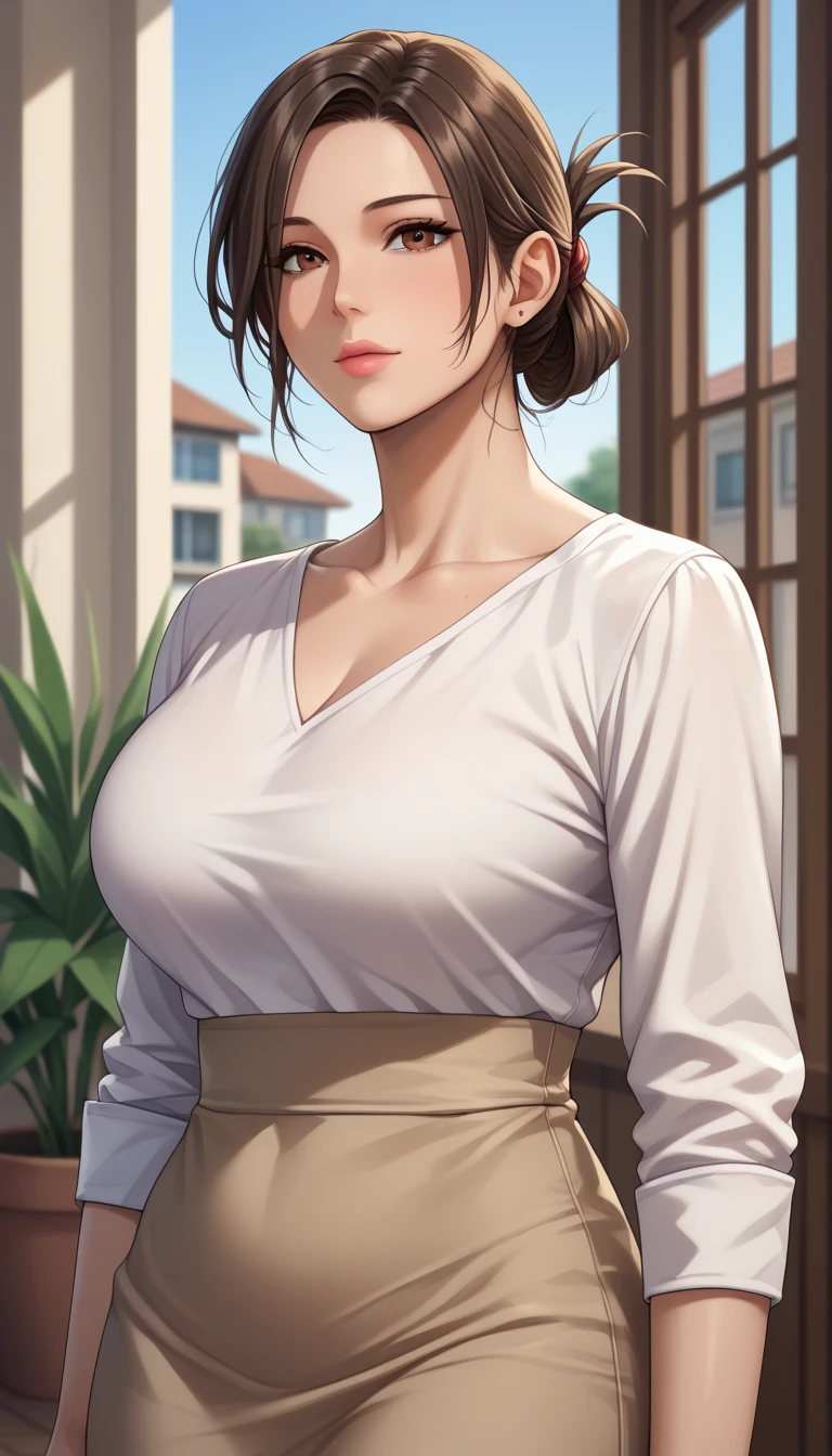 (masterpiece, best_quality:1.2), 1girl, solo, mature female, aimee, brown hair, folded ponytail, (housewife:1.5, casual clothes, skirt, long sleeves), beautiful eyes, female focus, large breast, wide hips, looking at viewer, ((close up shot)) ((solo)) detailed, very high resolution, no blurry image, (cowboy shot), standing, beautiful, serene expression, intricate details, detailed background, indoors