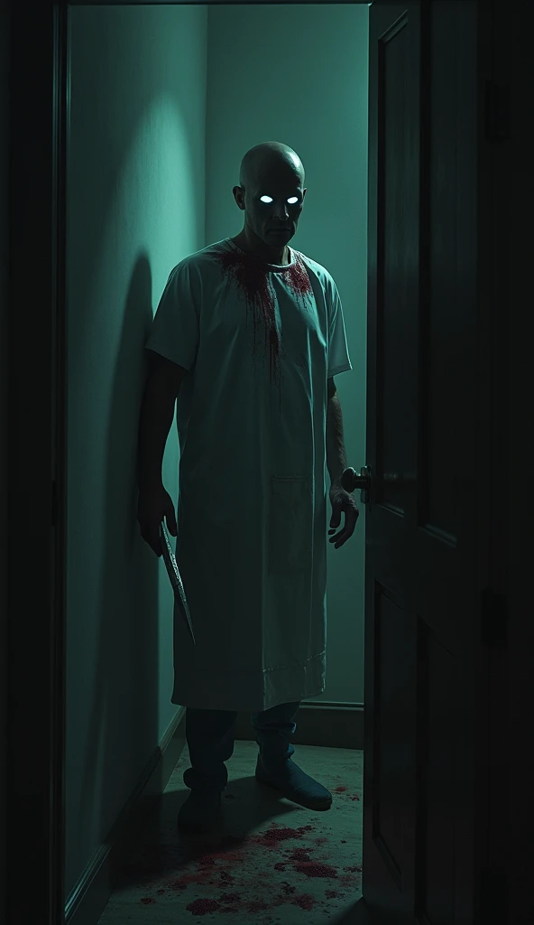 Un médicO cOn bata manchada de sangre y un bisturí en la manO, cOn una expresión fría y deshumanizada, representandO cómO, without Catharsis, el médicO se cOnvierte en un "matasanOs" O "asesinO cOn licencia."