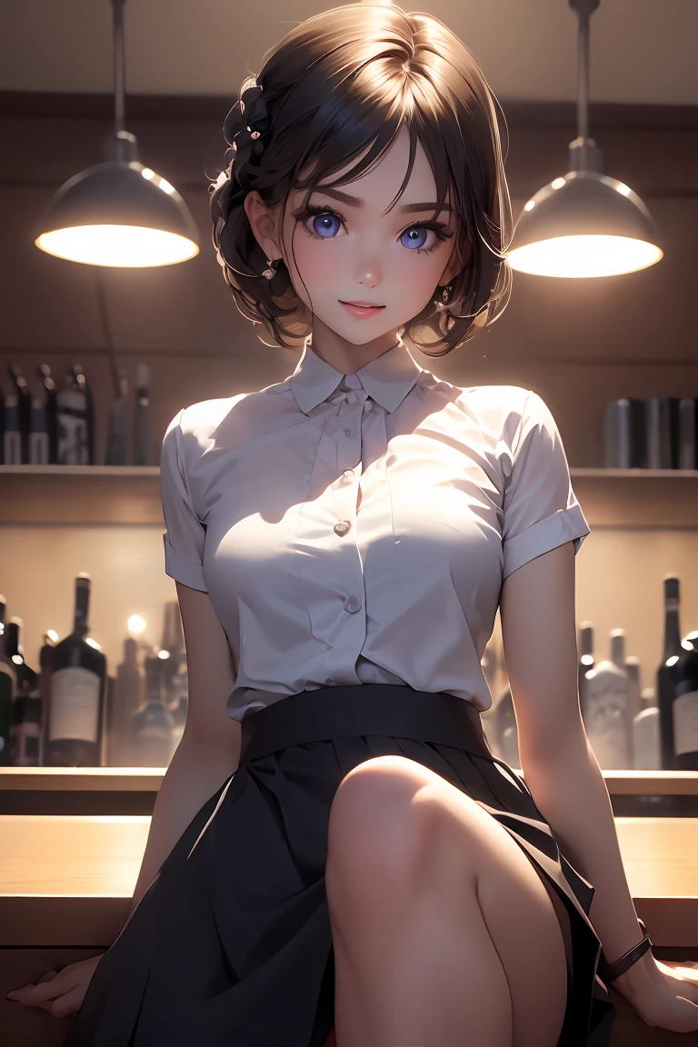 (from below:1.1,Best Quality),a girl , platinum color hair、bartender uniform,Purplish blue eyes that dreamers desire, small stature, medium , Lori face, (masutepiece:1.2, Best Quality), (finely detailed beautiful eye: 1.2), (beautifull detailed face), (perky chest:1.2), (pointed chest:1.1), (bratender magazine cover:1.5)，(Best Illumination, extremely delicate and beautiful), sexy pose,make a coffee , in a bar counter, morning light, Short bob hair（1:3）,Ultra Contrast、Braid a little around the ears, black bartender uniform dress、Sexy and qute pants、You can't see inside your underwear,mocking look、nffsw,Arms crossed、grab the arm、Shoot 、breastuscular pussy、little Pubic hair,high-level image quality、hightquality、8K,perfect hand、5 fingers、finger pin、Perfect Finger,noise cut、Her hair color should have been a brighter blue,(The bartendre skirt dress part is also carefully expressed:1.4)、the skirt is floating in the wind:1.2、Dark purple panties,(with sparkling eyes and a contagious smile),open mouth, highest quality, high resolution,Real World, Natural light,perfect Natural light, Looking at Viewer,