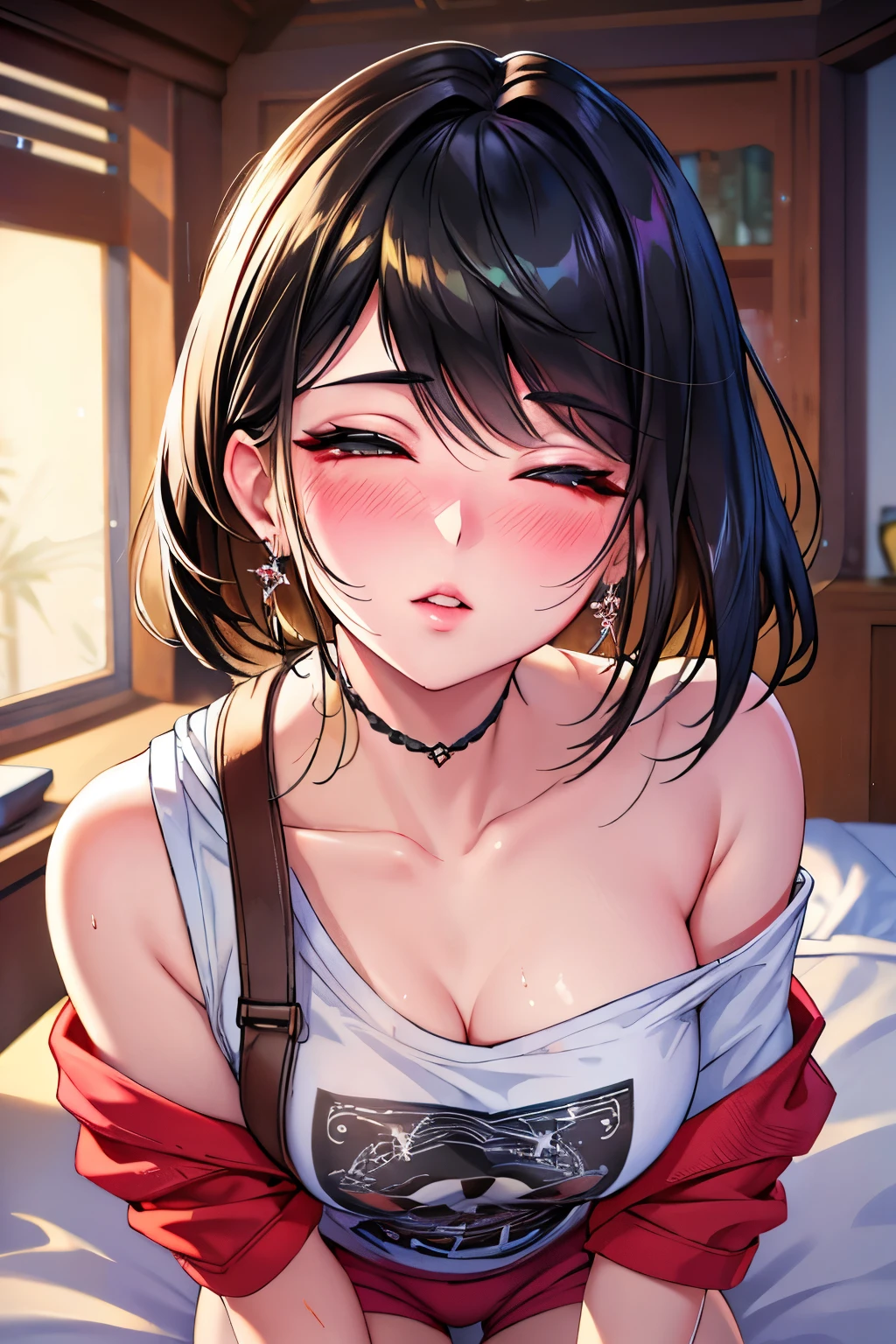 High Resolution, Accurate, Anatomically Correct, Best Quality, Detail, HD, High Details, High Quality, Super Detailed, Textured Skin, Short Hair, Black Hair, Braid, Breasts, Earrings, Blush, Parted Lips, Makeup, Nose Blush, Heavy Breathing, Light Blush, Glint, Full-face Blush, Red Lips, Sparkling Eyes, Sigh, Half-Closed Eyes, Long Eyelashes, Amber Eyes, Close-Up, Depth Of Field, Oversized Off-Shoulder Yellow T-Shirt, Red Short Shorts, Lying On Bed