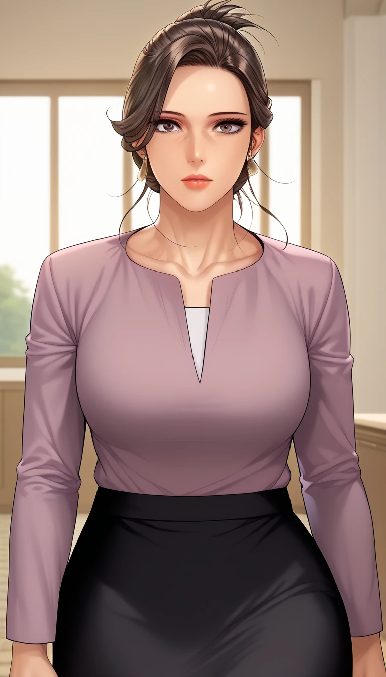 (masterpiece, best_quality:1.2), 1girl, solo, mature female, aimee, brown hair, folded ponytail, (housewife:1.5, casual clothes, skirt, long sleeves), beautiful eyes, female focus, large breast, wide hips, looking at viewer, ((close up shot)) ((solo)) detailed, very high resolution, no blurry image, (cowboy shot), standing, beautiful, serene expression, intricate details, detailed background, indoors