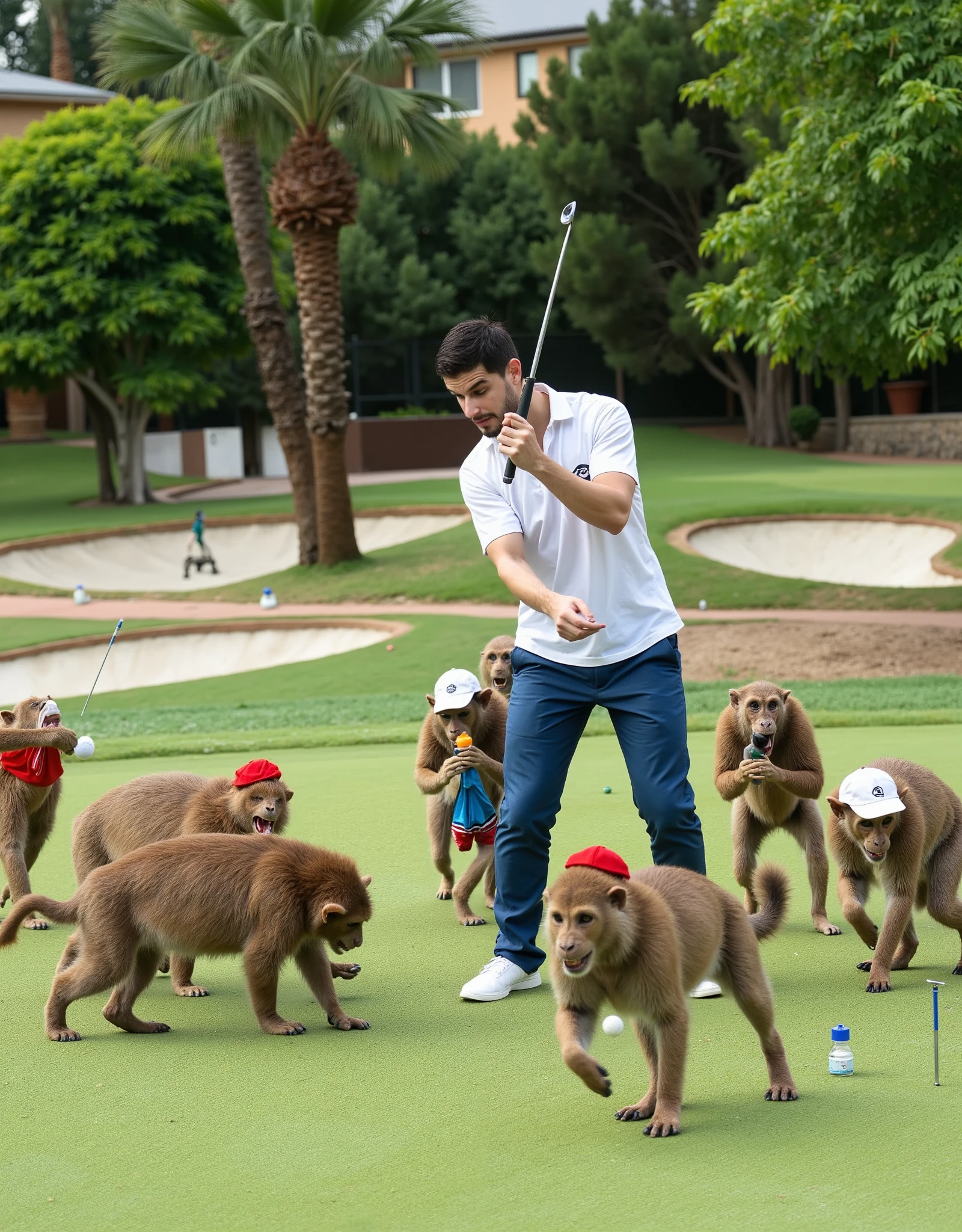 a photo of adrianm playing golf in a competition with monkeys