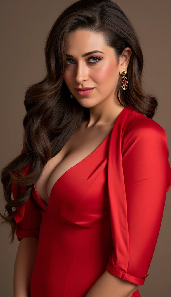 photorealistic image of a woman with busty figure, deep cleavage, navel visible, 2015 iphone shot , natural realistic lighting, red silk body hugging blouse, different pose, 2  different poses,Full body image,(best quality, masterpiece:1.3), (detailed:1.2)1girl, solo, flirt, seduce pose, pleasure expression, languid breathing,1girl, Solo, High Resolution, Long Hair, Breasts, Looking at viewer, Blush, Smile, High Resolution, Masterpiece, Accurate, Anatomically Correct, Award Winning, Best Quality, Detail, HD, High Details, High Quality, Quality, Retina, Super Detailed, Textured Skin, UHD, Long Hair, Breasts, Large breasts, Earrings, Blush, Smile, Blurry, Sparkle, Depth Of Field, Motion Lines, Foreshortening, Lens Flare, Backlighting, Emphasis Lines, Motion Blur, Silhouette, Speed Lines, Bokeh, Film Grain, Drop Shadow, Diffraction Spikes, Bloom, Caustics, Vignetting, Scanlines, Overexposure, Optical Illusion, Chiaroscuro, Image Fill, Chromatic Aberration Abuse, Cinematic Lighting, God Rays, Glowing Light, Halftone, Abstract, Ukiyo-e, Minimalism, Impressionism, Minimalism, Illustration, Art Deco, 8K Octane, 3D Rendering, Abstractionism, Abstract Expressionism, American Propaganda Poster, Anime Style, Apocalypse, Art Nouveau, Baroque, Artistic, Baroque, Behance, Blind Box Toy Style, ,(cinematic:1.3), intricate details, (ArtStation:1.2)