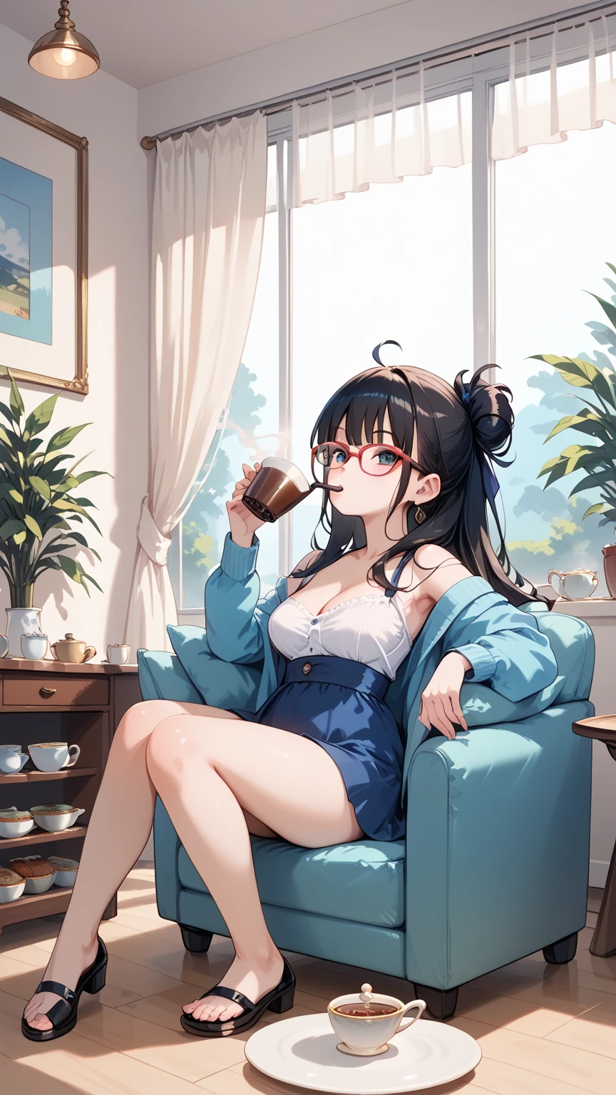 　Black hair, glasses, tea time, drinking tea elegantly