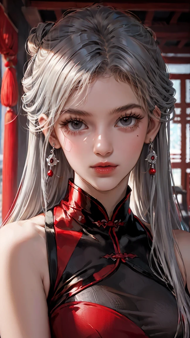 (NSFW1.3), The gray-haired, red-eyed woman in a Chinese style dress is a bit like anime, that' s Art ny and her clothes are slightly closed , she has a scarf or a cloak like that, so she wears a cloak like that so that it's is slightly closed