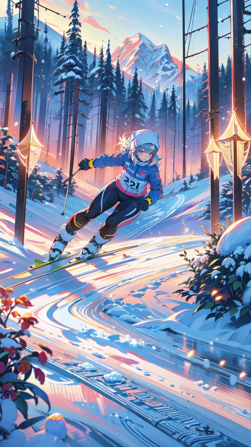 ,Ski Sprint,Ski sprint, ski sprint( super detailed), ( top quality), ( high definition ), 、  Genius Female Skier 、 ski stock on both hands、Skis on both feet 。 Sports photography、Snow Slope 、  8K Anime Art  、Ski Sprint/Ski sprint/ ski sprint、 It's snowing、 girl,Very beautiful  girl ,  cinematic lighting ,
