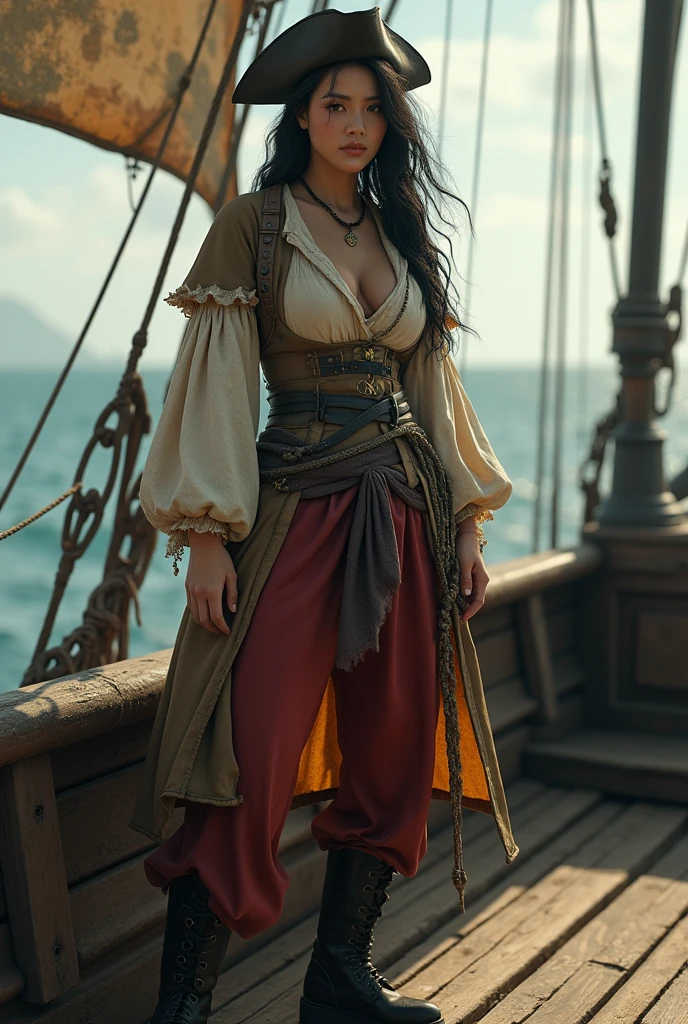 a beautiful victorian woman , her clothes shredded ,standing on a pirate ship