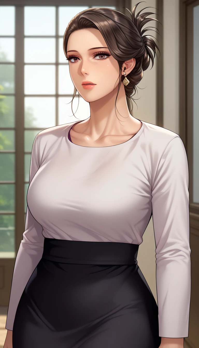 (masterpiece, best_quality:1.2), 1girl, solo, mature female, aimee, brown hair, folded ponytail, (housewife:1.5, casual clothes, skirt, long sleeves), beautiful eyes, female focus, large breast, wide hips, looking at viewer, ((close up shot)) ((solo)) detailed, very high resolution, no blurry image, (cowboy shot), standing, beautiful, serene expression, intricate details, detailed background, indoors