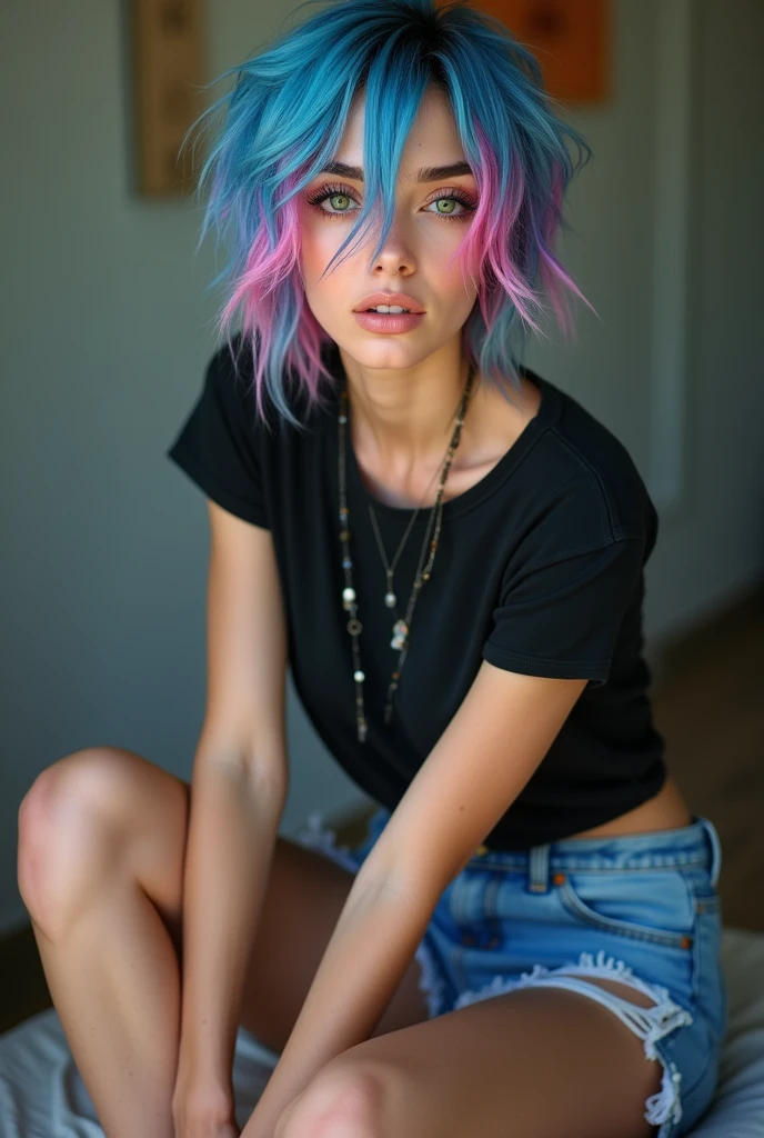 Realistic face portrait of an e-girl woman in urban environment. She has a confident attitude, Staring straight at the camera、A faint smile on her pink painted lips. Her hair is dyed pink and blue., In punk and modern style. She's wearing a black and white sweatshirt with neon accents, To match your vibrant makeup. The background is a busy street in a big city, Neon lights and graffiti create a modern and energetic feel.. The photo is in color, Warm, vibrant tones for an urban feel. The e-girl women are depicted in detail, Shadow and light create a sense of depth and realism. His expression exudes confidence and independence.. All together, Creates rebellious feelings, Modernity and the Universe of Aesthetic and Cultural Possibilities. This image is、Great for artists and designers looking for inspiration for modern and contemporary styles。.