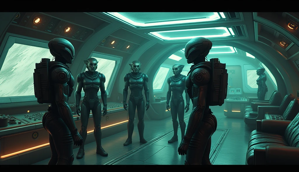 dark sci fi space ship interior nostromo, alien Prometheus movie style, slightly messy retro futurism realistic cockpit bridge hazy atmosphere with insectoid humanoids manning stations