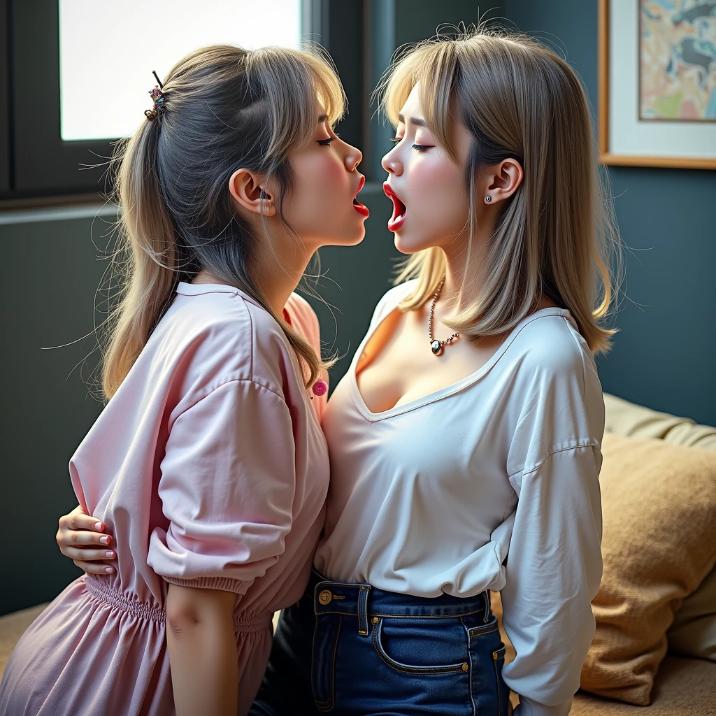 A girl, blonde long hair, big boobs, pink top, blue pants, hoop bracelets, hoop earrings. Kissing a girl with pale skin, black long hair with bangs, small boobs, black sweater, black pants