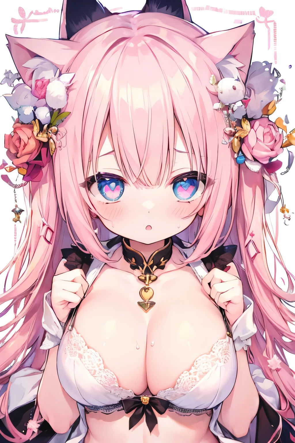 NSFW,waist cardigan  、 waist cardigan ,   light pink hair   ,Very beautiful and   sparkling eyes  、  sparkling eyes  、    1 girl、   Big Chest in a Temple 、cat ears、(((((  ))))))、heart❤、((sweat、vapor)）,cat ears