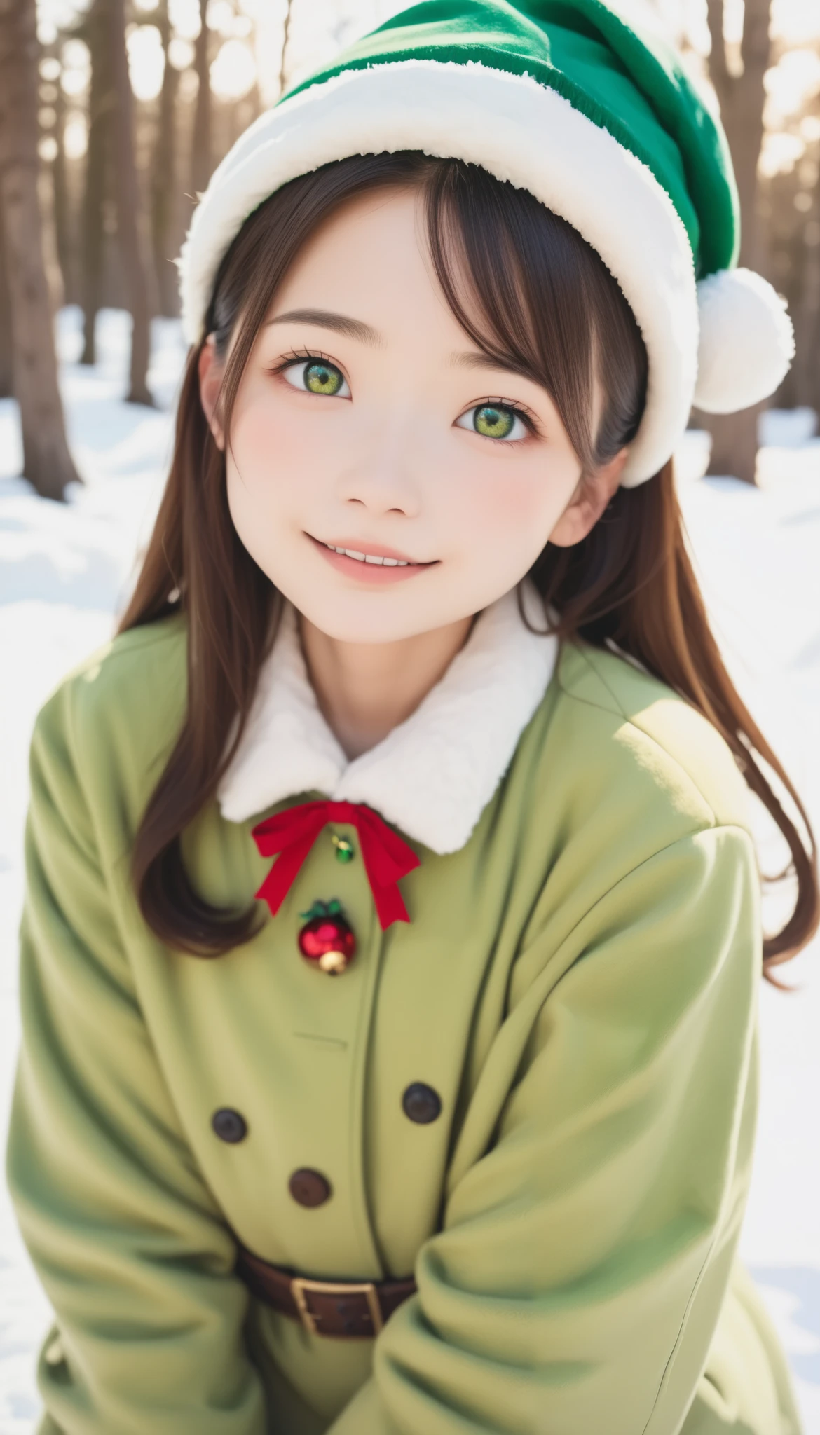  Imagine 、snow、forest、  yellow-green coat 、white embroidery、cute、 young Japanese-style woman 、 long hair、 Santa's yellow-green hat、  facing forward 
